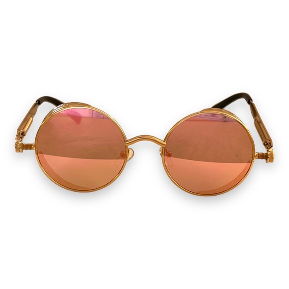 Unisex Round Steampunk Retro Frame Polarized Sunglasses Pink Lens UV400 - Picture 9 of 13